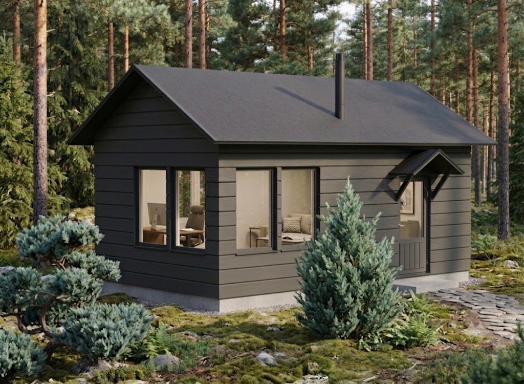 Moderni tummanharmaa puutalo mäntymetsässä